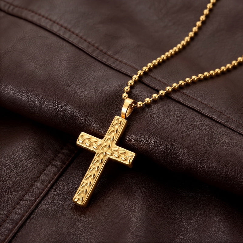 Round Bead Chain Trendy Three-Dimensional Wheat Ear Pattern Cross Pendant, Stainless Steel Square Necklace