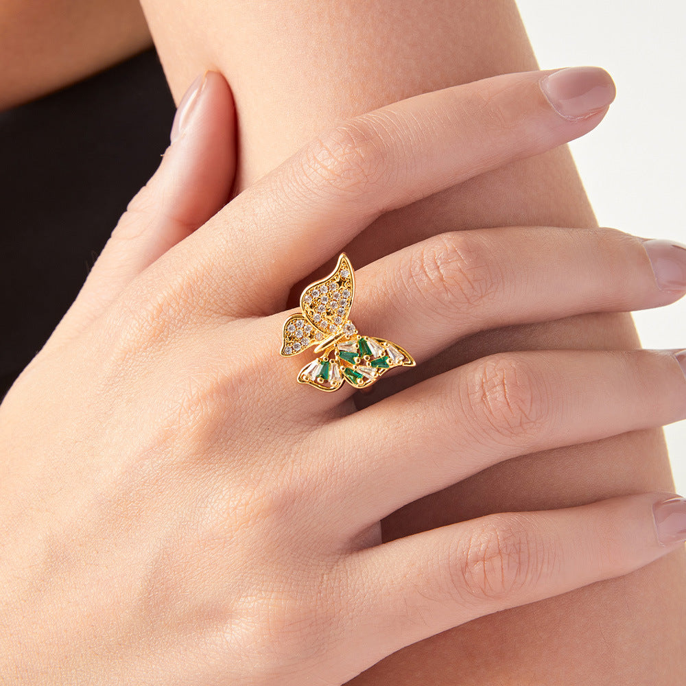 Elegant Korean Butterfly Glass Copper Ring
