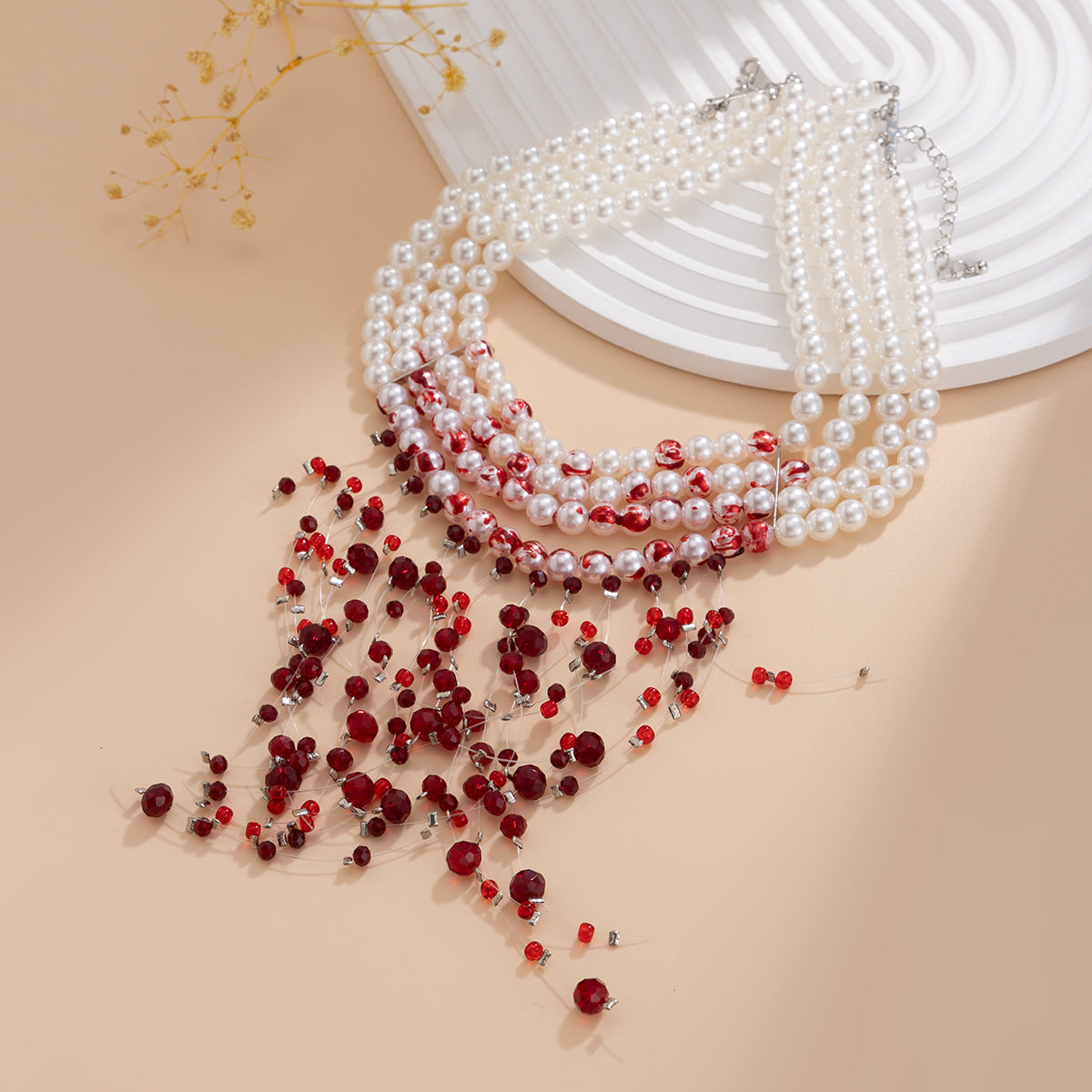 Gothic Pearl Crystal Blood-Drip Choker
