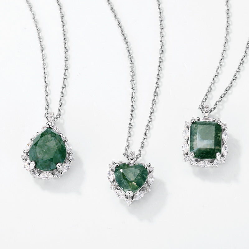 Planderful Jewelry Sterling Silver Necklace With Green Moss Agate Pendant And Zircon Accents