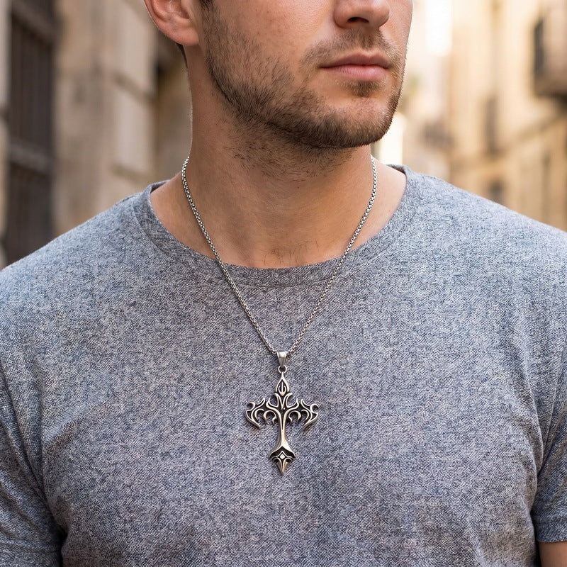 Primitive Tribe Moon Muse Totem Pendant Vintage Gothic Thorns Cross Element Stainless Steel Necklace
