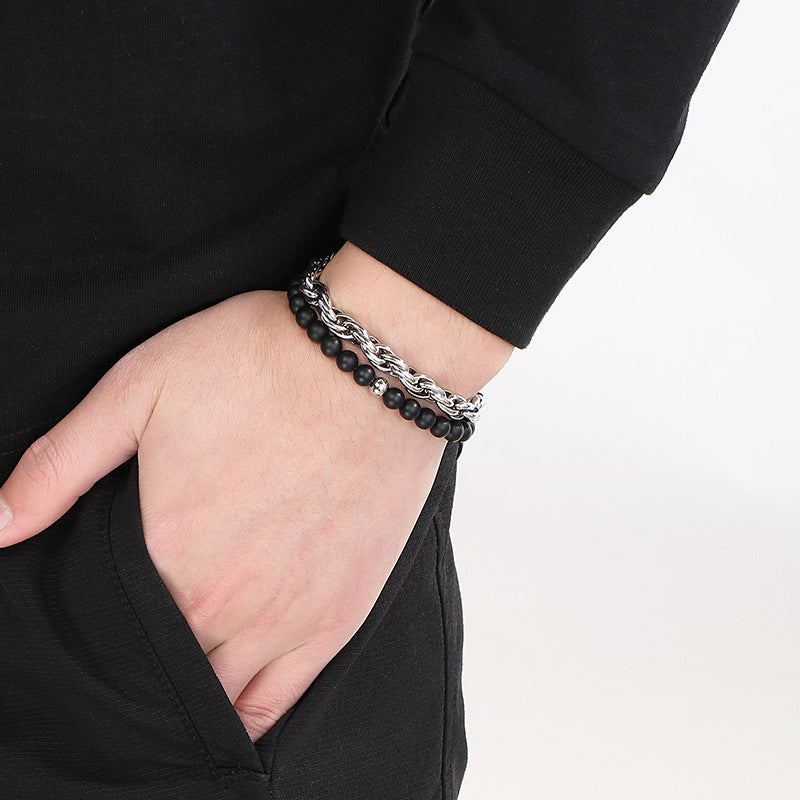 Planderful Black Agate Steel Ball Bracelet Retro Twist Men