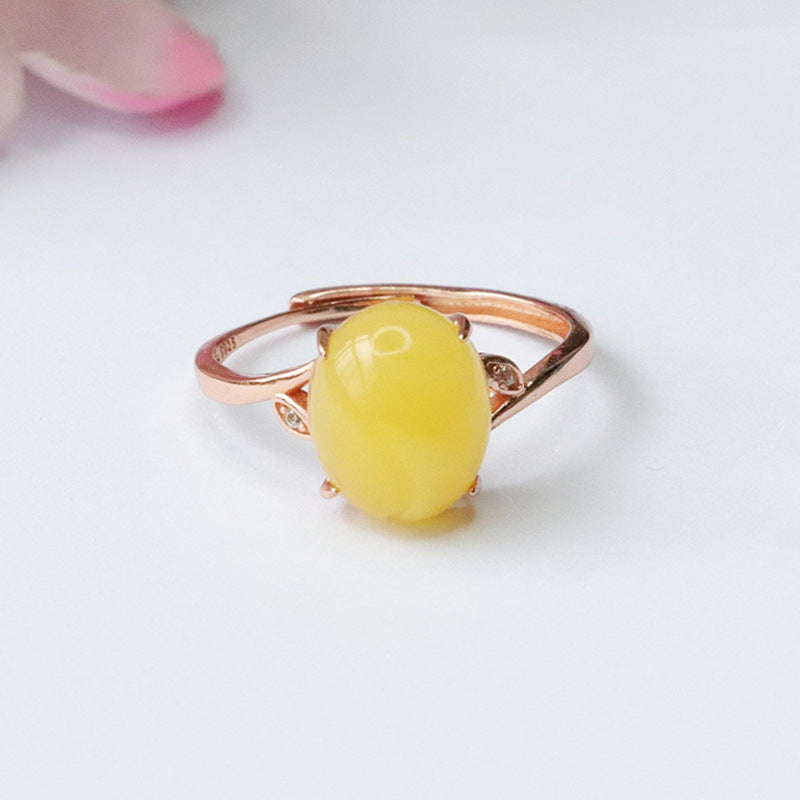 Zircon Leaf Sterling Silver Beeswax Amber Ring with Adjustable Diameter