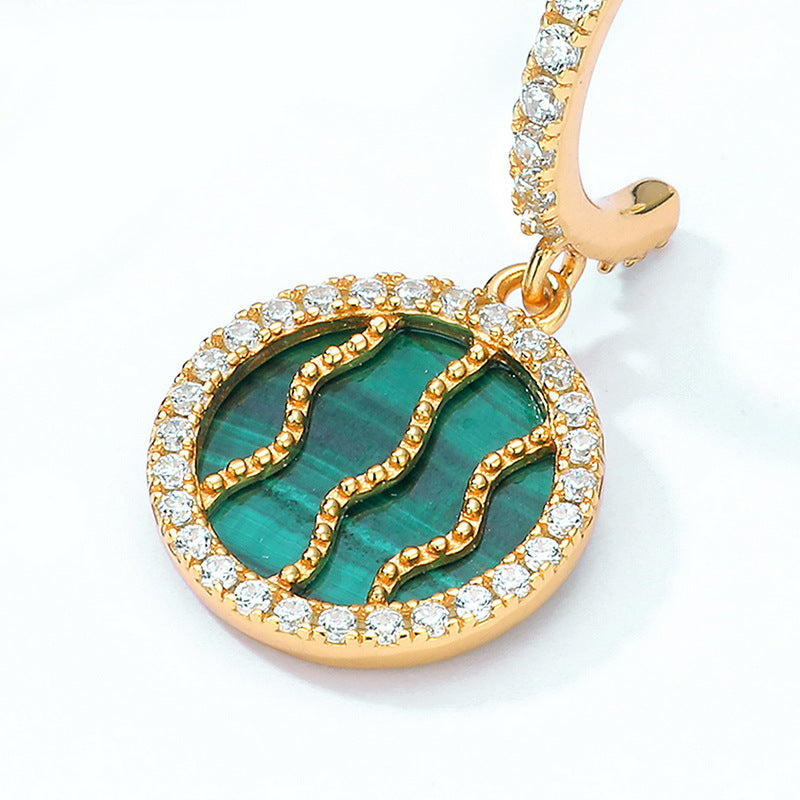 Round Malachite Watermelon Pendant C Shape Zircon Sterling Silver Earrings
