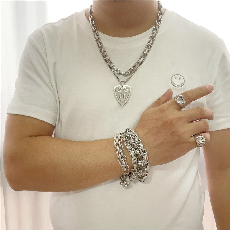 Titanium Steel Retro Shield Pendant Necklace with Angel Wing Design for Men