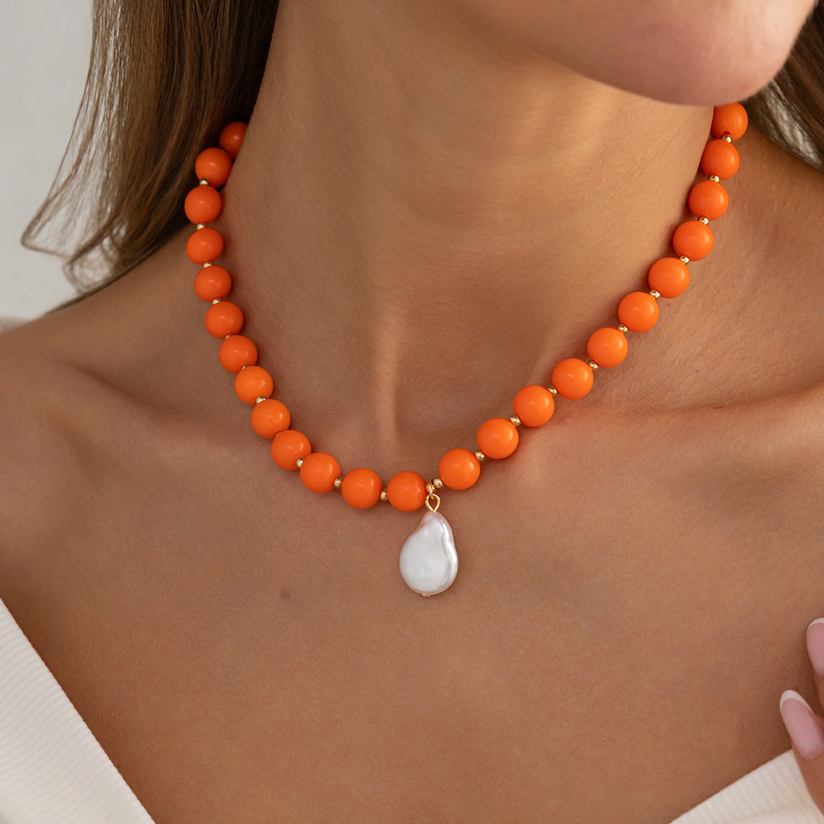 Colored Round Beads Pearl Necklace Dopamine Beaded Holiday Wind Necklace