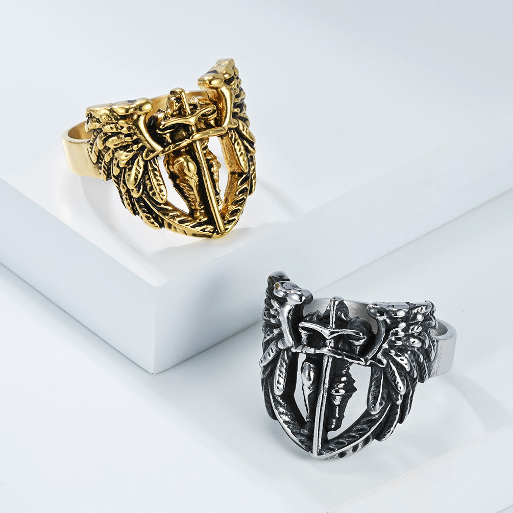 Planderful Everyday Genie St Michael Ring With Angel Wings Cross Bold Unisex Jewelry