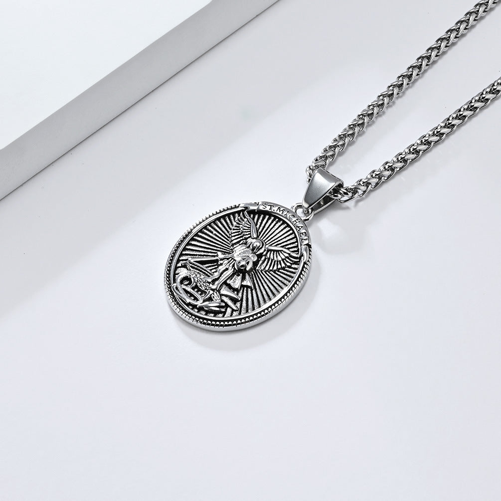 Steel Necklace - Vintage Archangel Oval Pendant For Everyday Wear And Spiritual Symbol Jewelry By Planderful