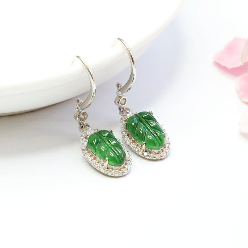 S925 Sterling Silver Natural Ice Emperor Green Jade Leaf Earrings