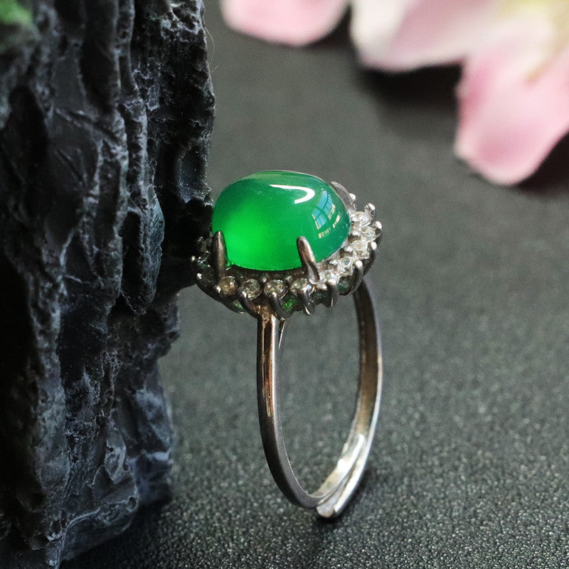 Green Chalcedony Sterling Silver Halo Ring