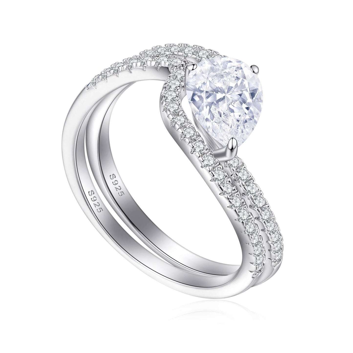 Planderful Everyday Genie 925 Sterling Silver Pear Shaped Zircon Ring Set for Women, Elegant Stackable Design