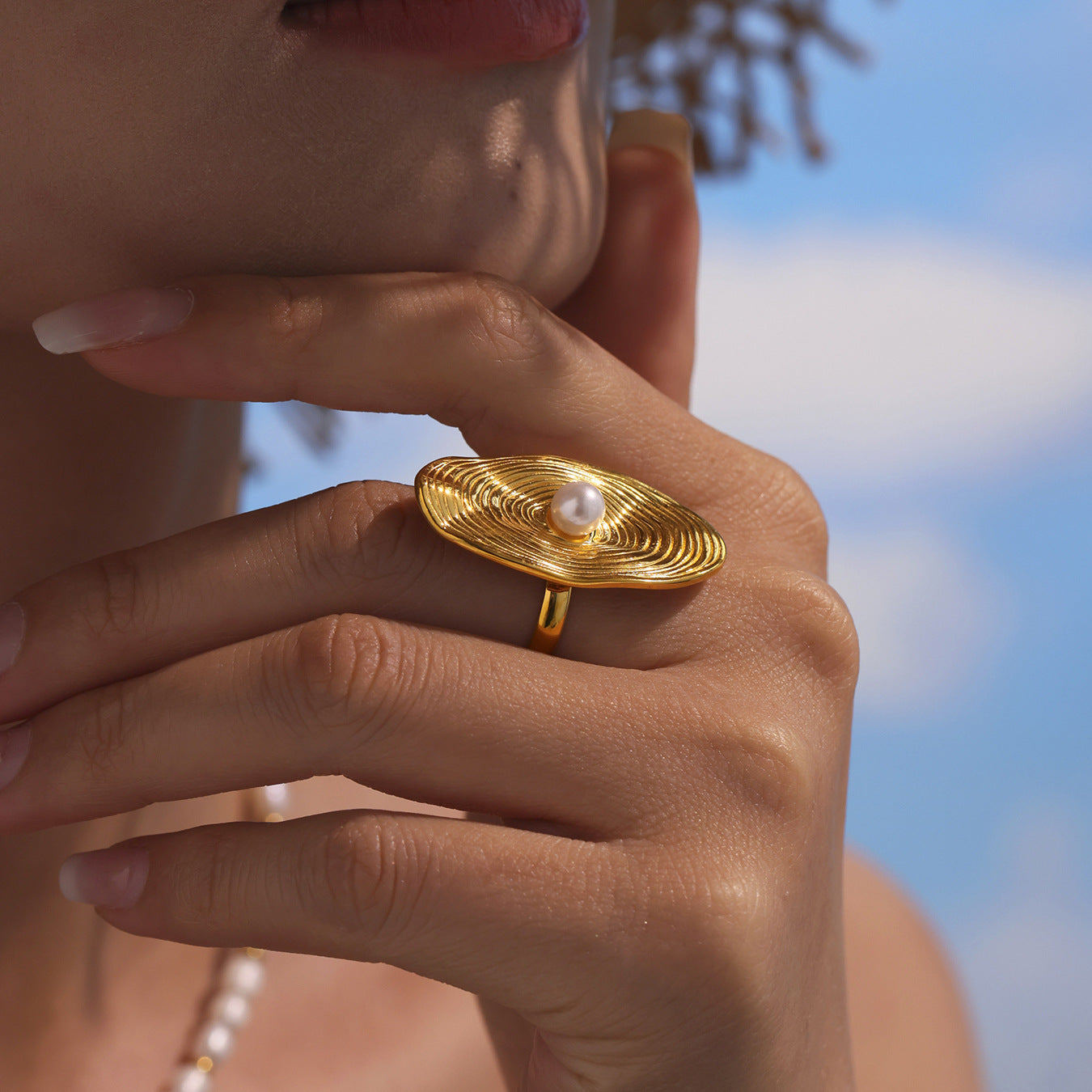 Planderful 18K Gold Plated Oval Bead Open Ring Women