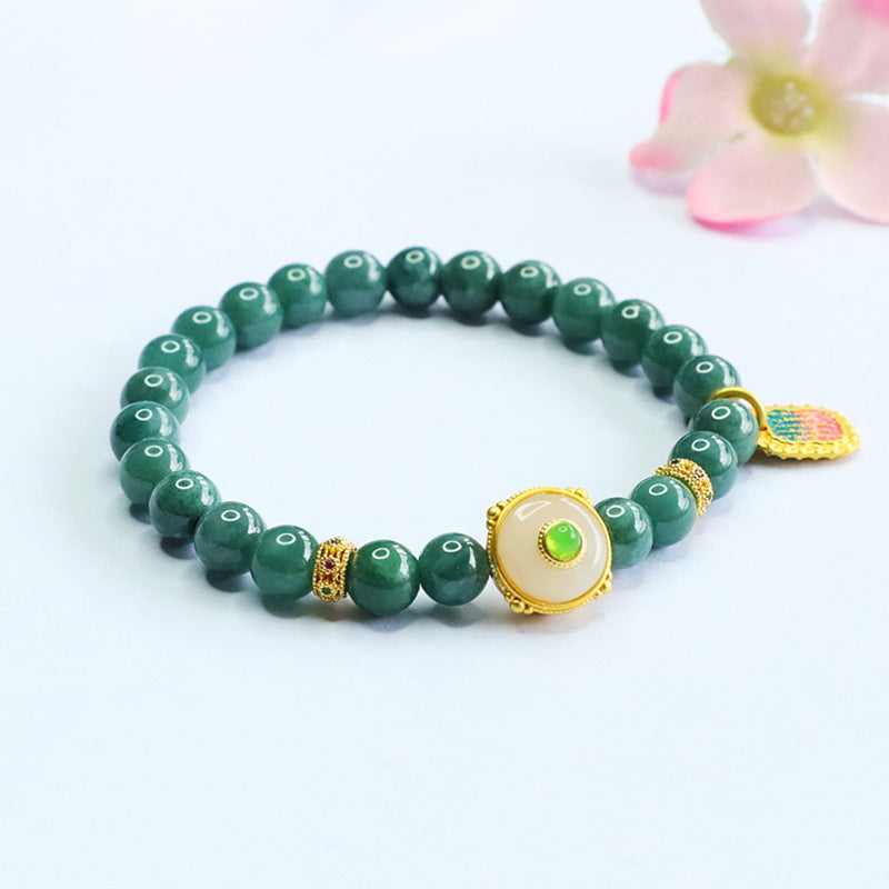 Blue Water Jadeite Script-Accent Beaded Bracelet