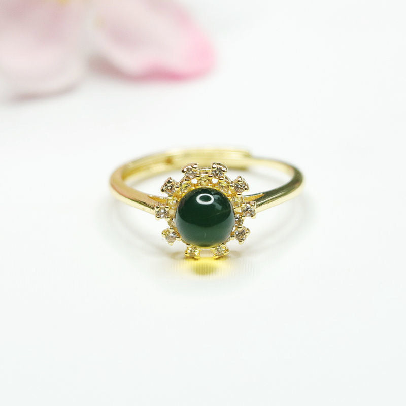 Blue Amber Flower Ring with Zircon Beads for Women's Jewelry