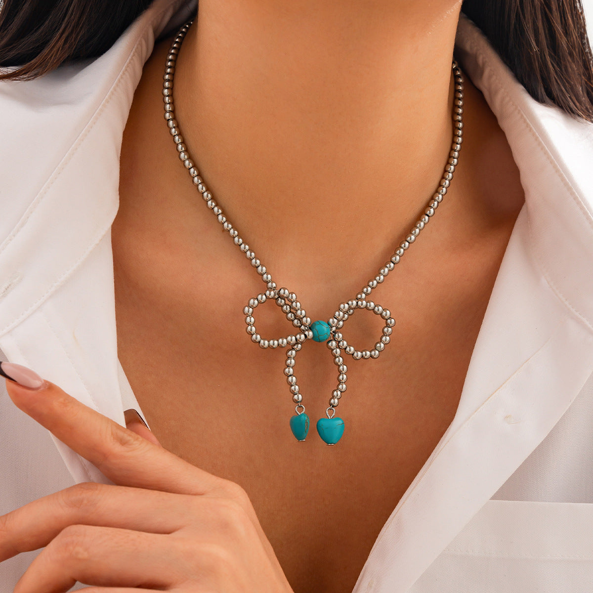 Retro Beaded Bow & Turquoise-Style Pendant Necklace
