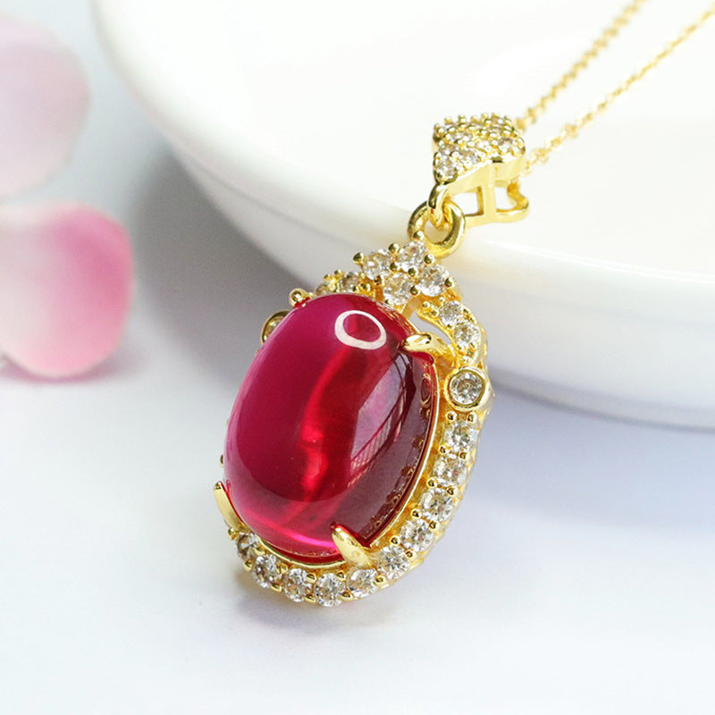Lab-Grown Ruby Oval Zircon Halo Pendant — No Chain
