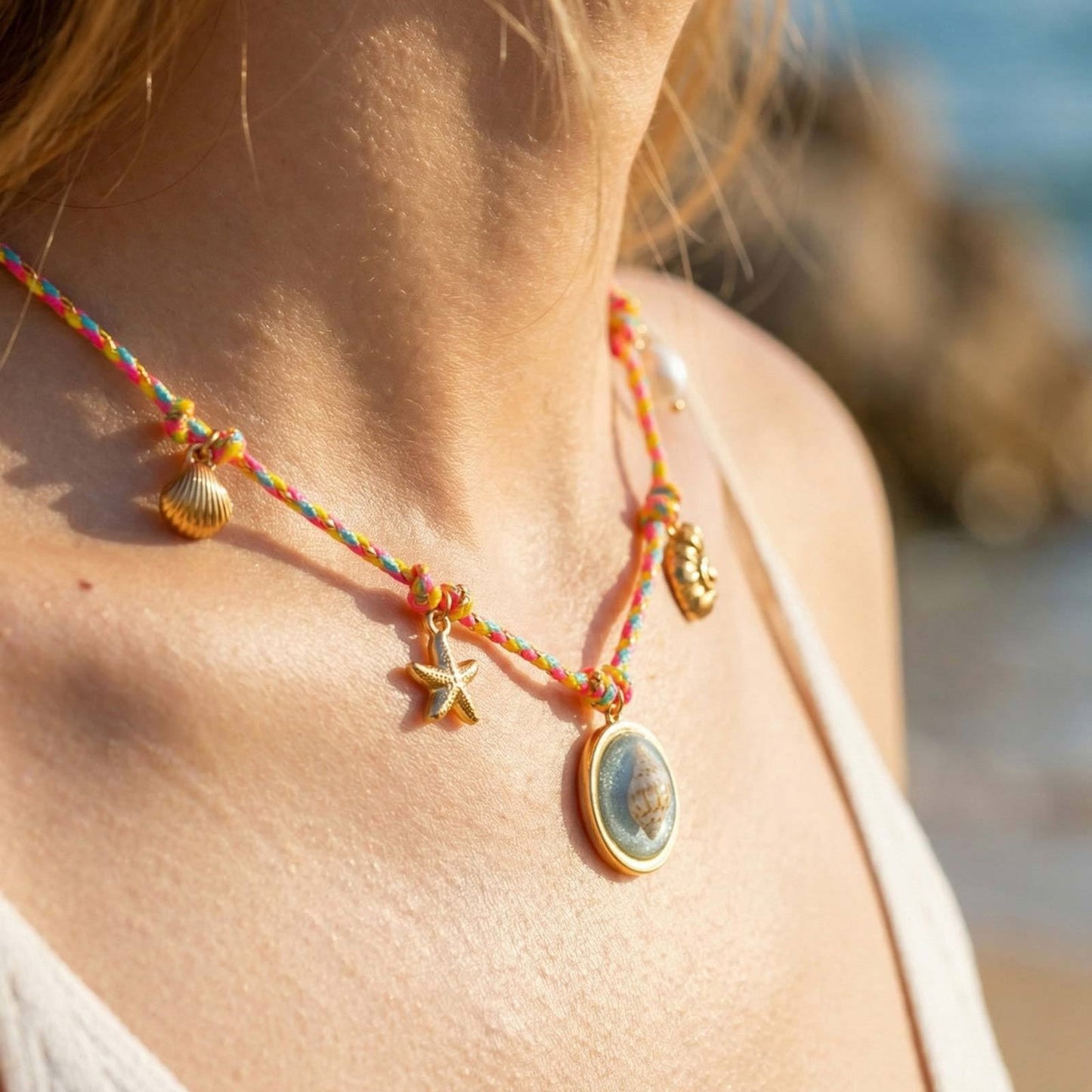 Colorful & Fun Color Braided Rope Stainless Steel Resin Ocean Shell Conch Necklace