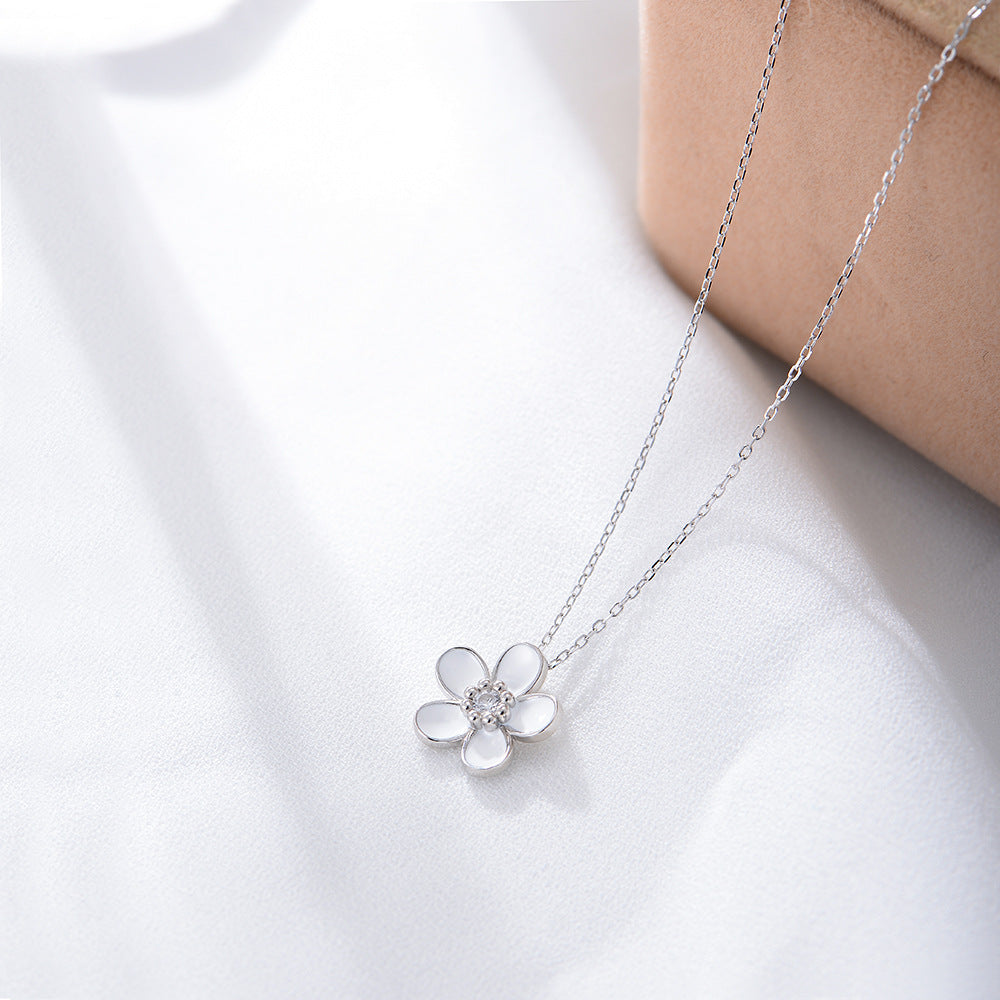 S925 Sterling Silver Inlaid Zircon Dripping Oil Small Flower Pendant Necklace Hot-Selling Wind