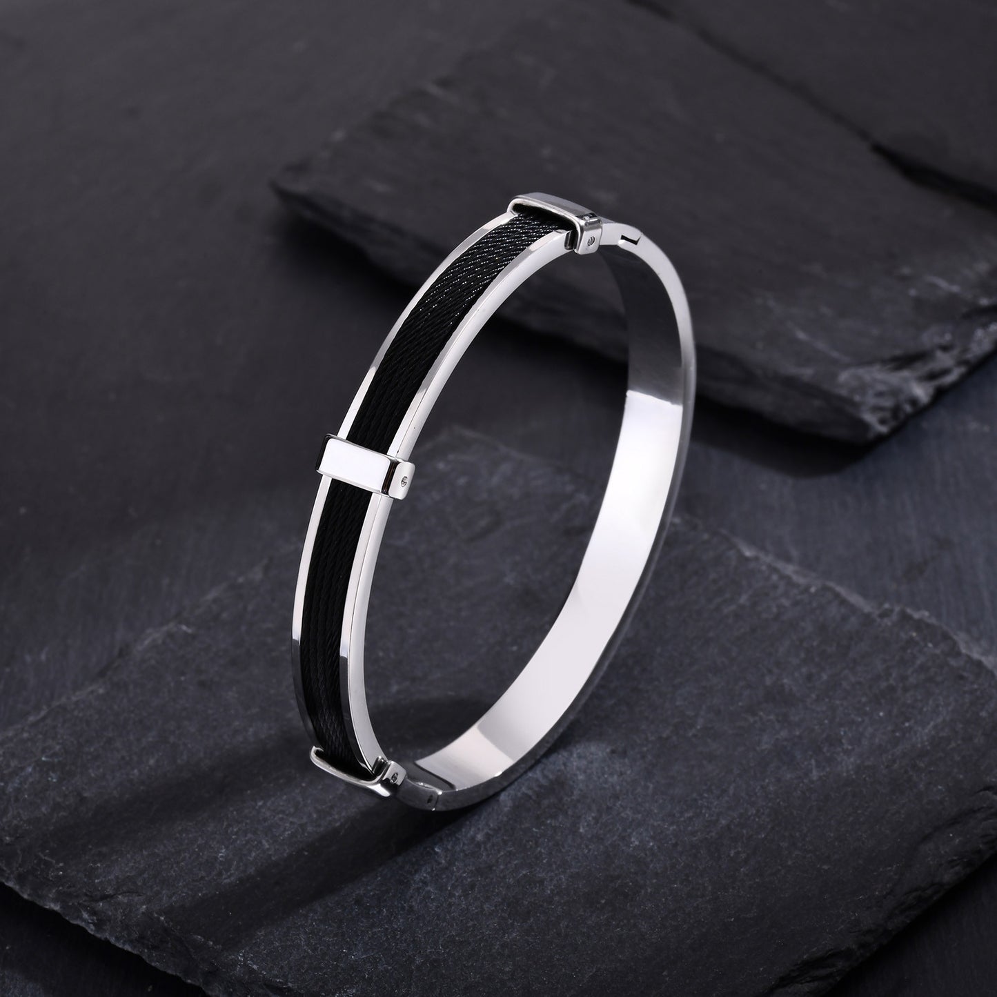 Men's Stainless Steel Black Wire Rope Openable Bracelet Jewelry