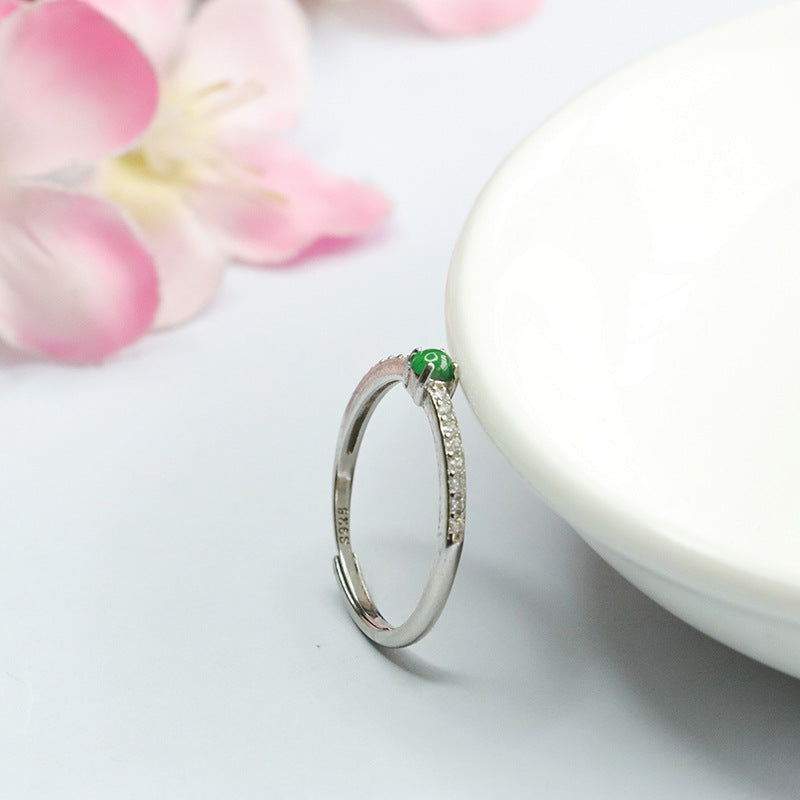 Emperor Green Jade and Zircon Sterling Silver Ring