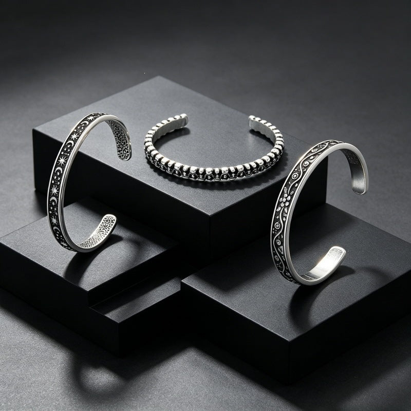 Gothic Little Skull Layered Casting Open Bracelet Sun – Moon & Stars Engraved