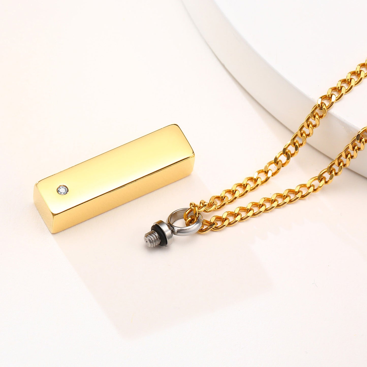Stainless Steel Rhinestone Cuboid Urn Pendant Gold Necklace