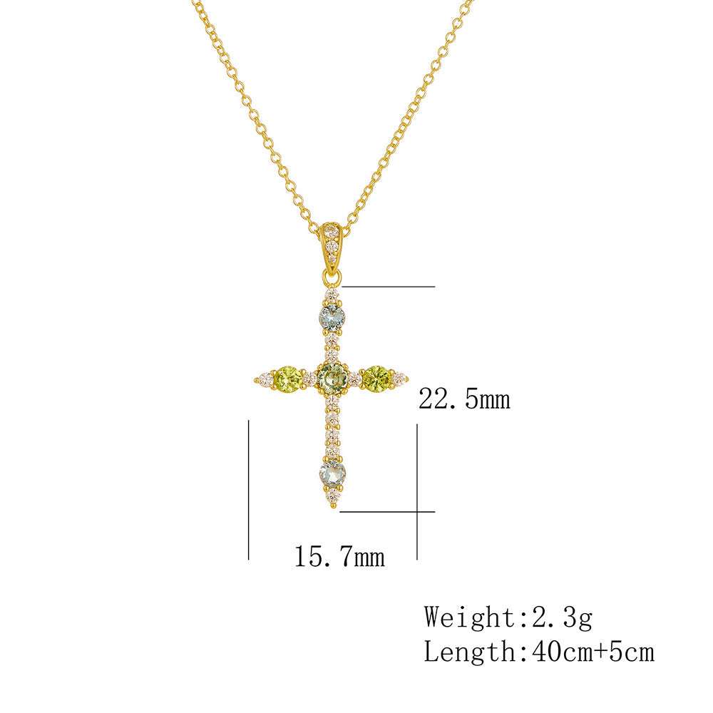 S925 Sterling Silver Zircon Inlaid Colored Cross Pendant Necklace