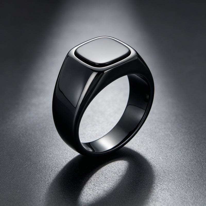 Cold Smooth Stainless Steel Ring, Square Black Stone Titanium Steel Men's