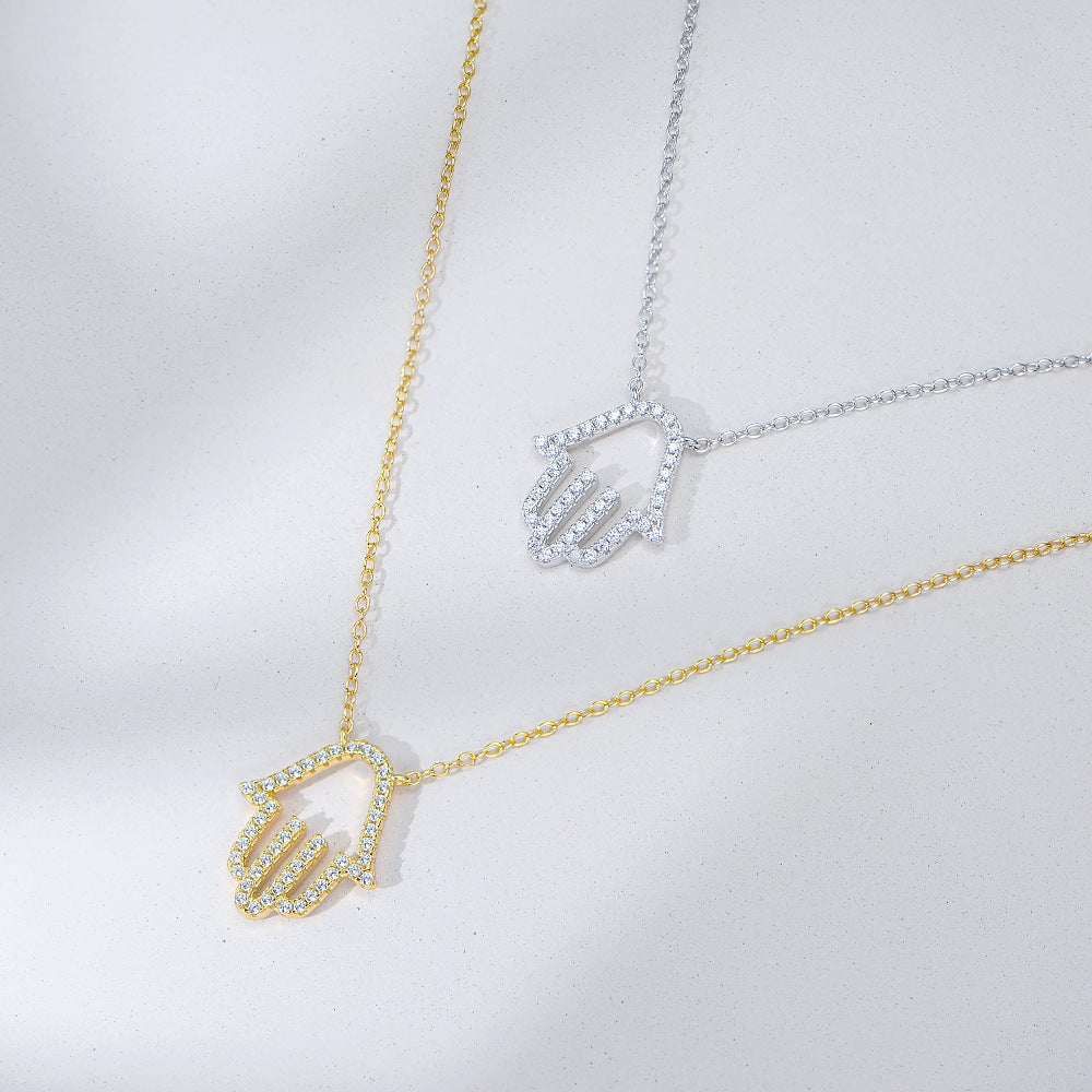 Planderful S925 Sterling Silver Zircon Palm Necklace for Women Hollow Out Pendant High End Collarbone Chain