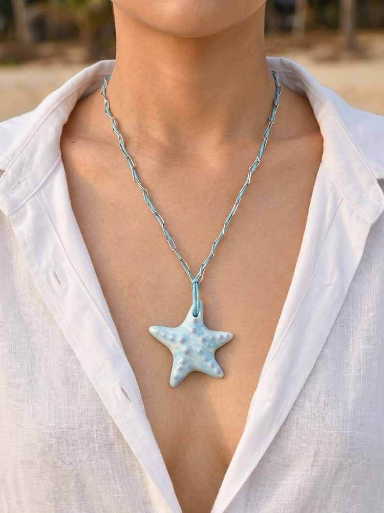 Seaside Vacation Wind Collarbone Chain Stainless Steel Ceramic Starfish Shallow Lake Blue Necklace