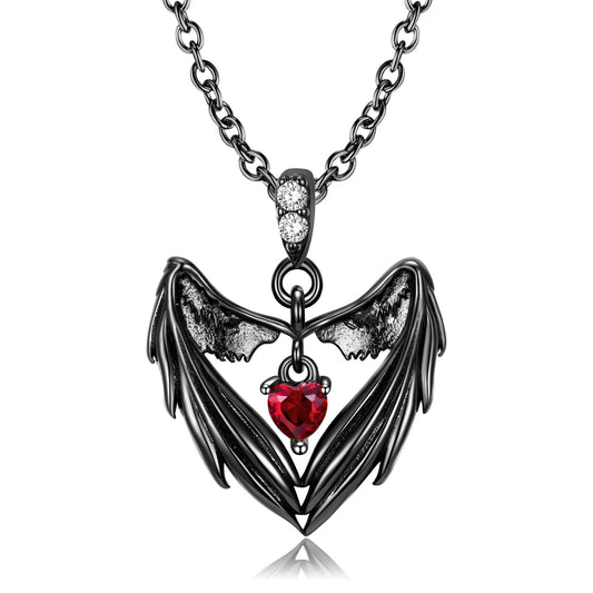 Black Heart Shape Angle Wings Red Zircon Silver Necklace