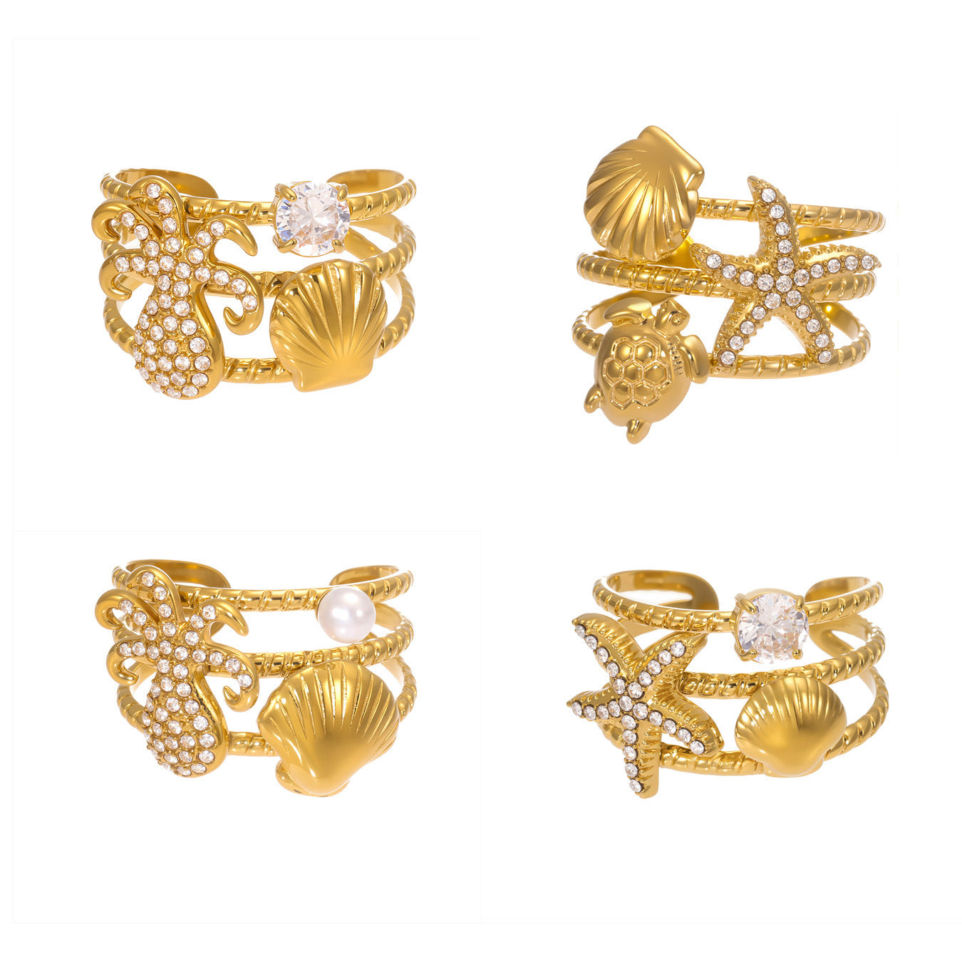 Planderful Ocean Zircon Shell Ring 18K Gold Plated Lovers