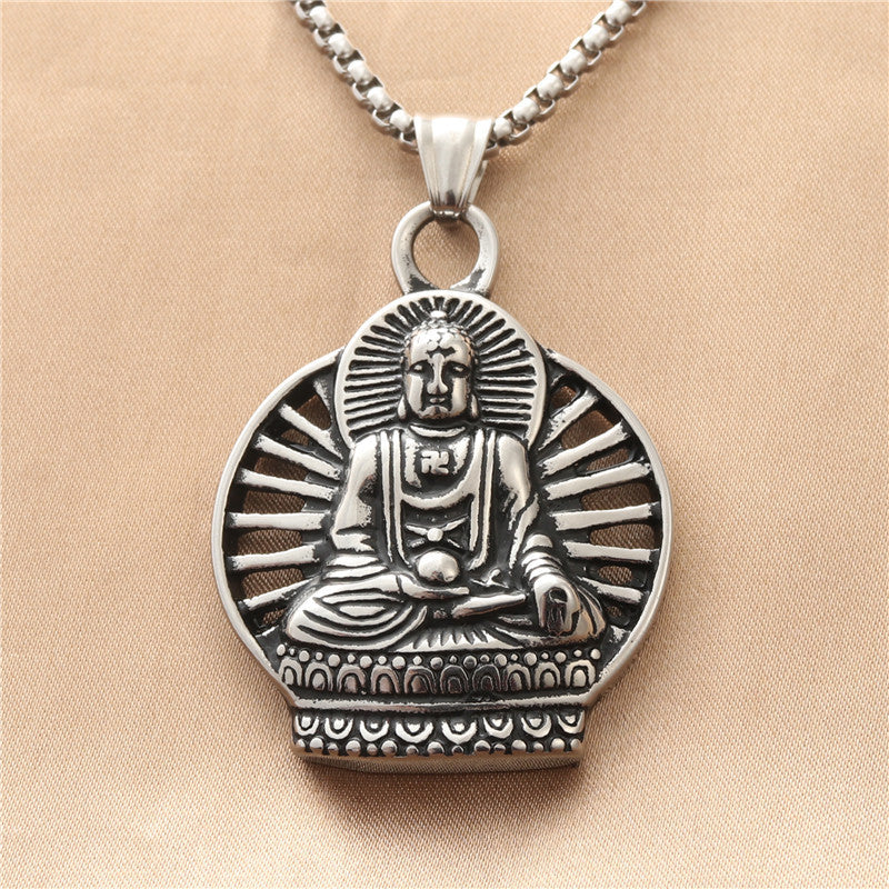 Titanium Steel Buddha Pendant Necklace for Men - Retro Punk Style Amitabha Design