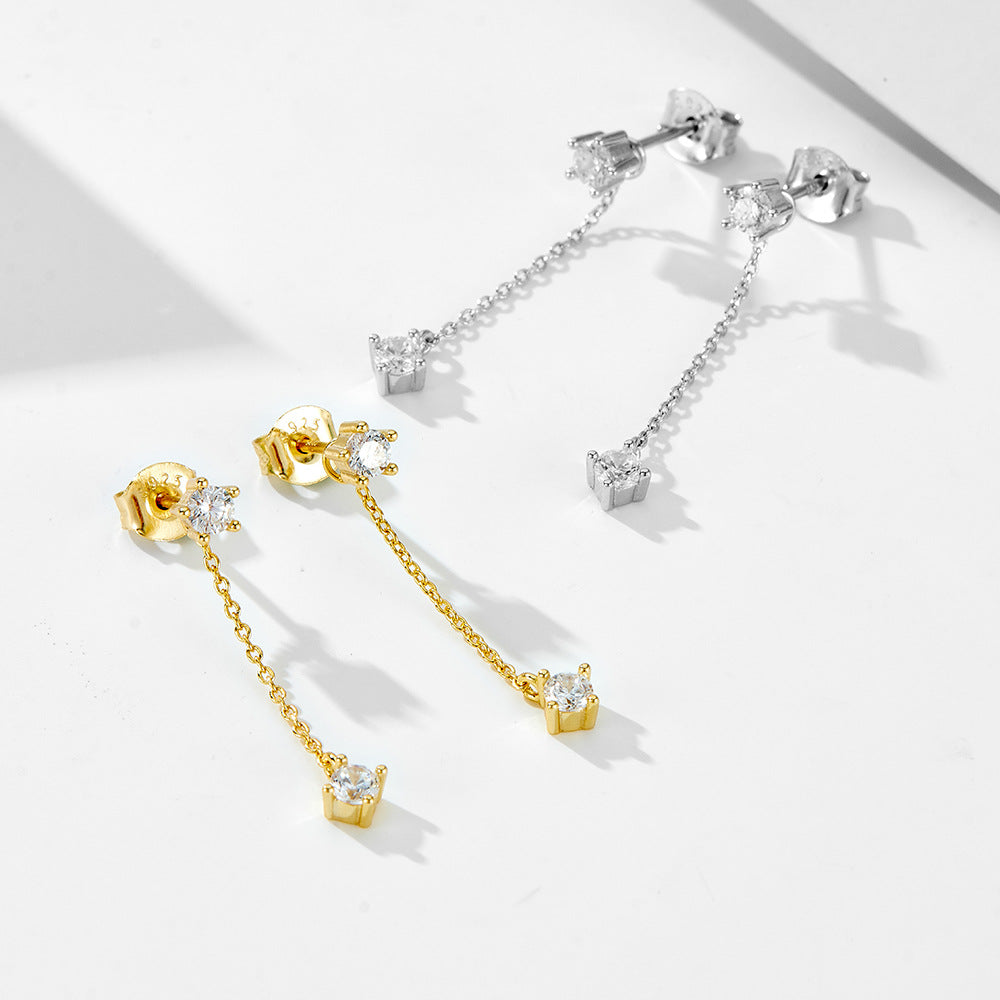 Planderful S925 Sterling Silver Zircon Fringed Chain Earrings For Fashion Forward Women