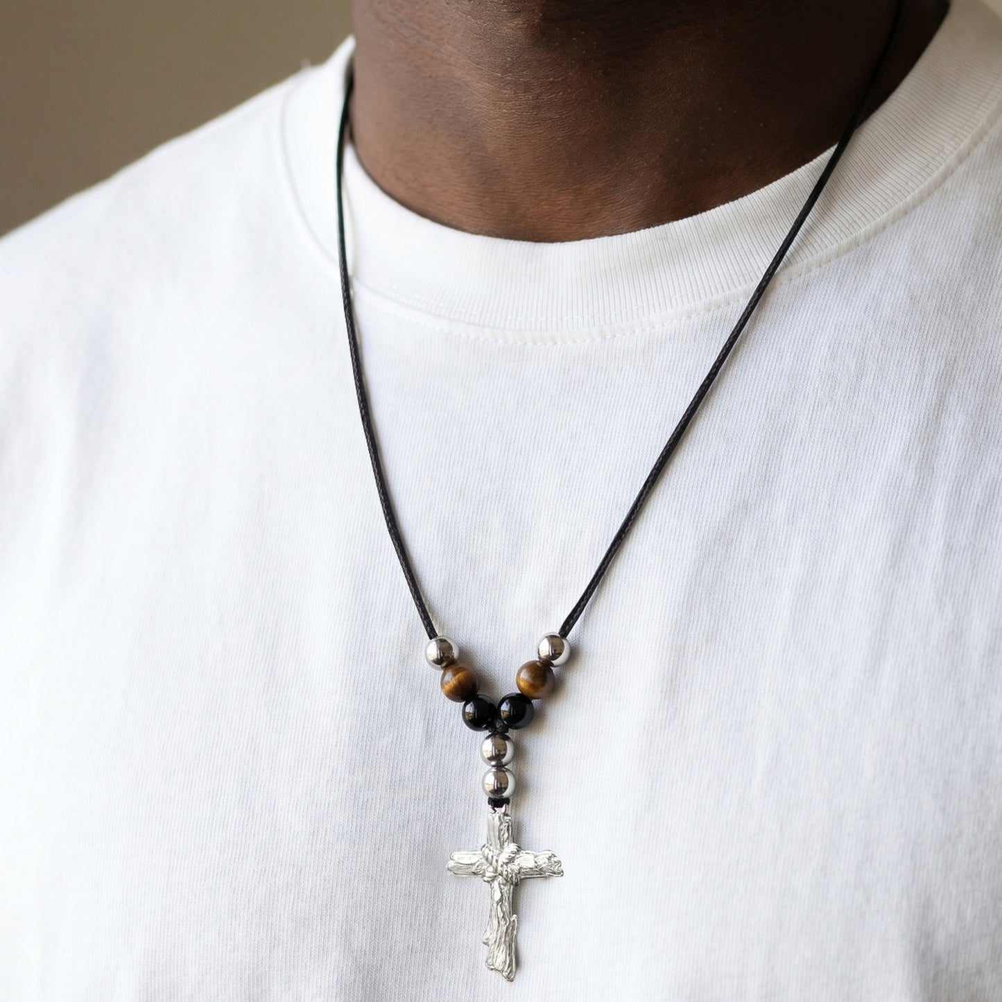 Stainless Steel Cross Agate Tiger's Eye Stone Beaded Adjustable Necklace