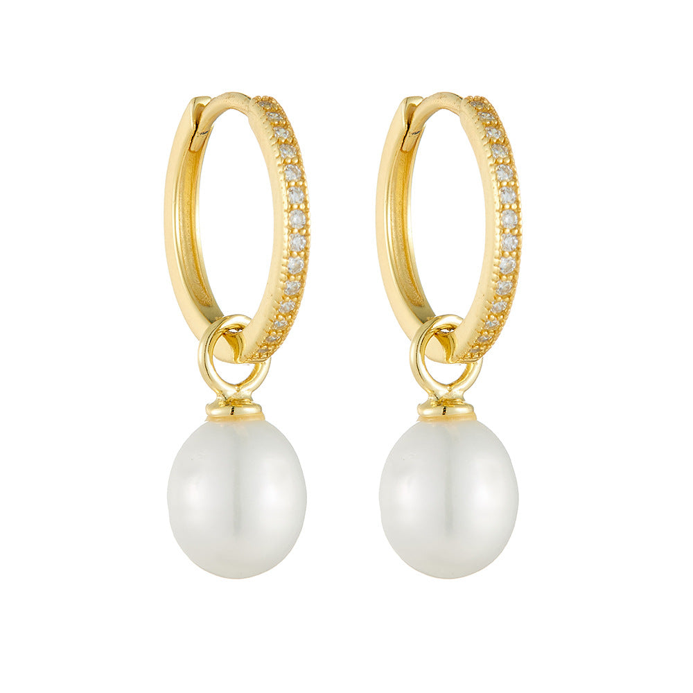 Planderful S925 Sterling Silver Pearl Earrings With Zircon Inlay For Elegant Feminine Style