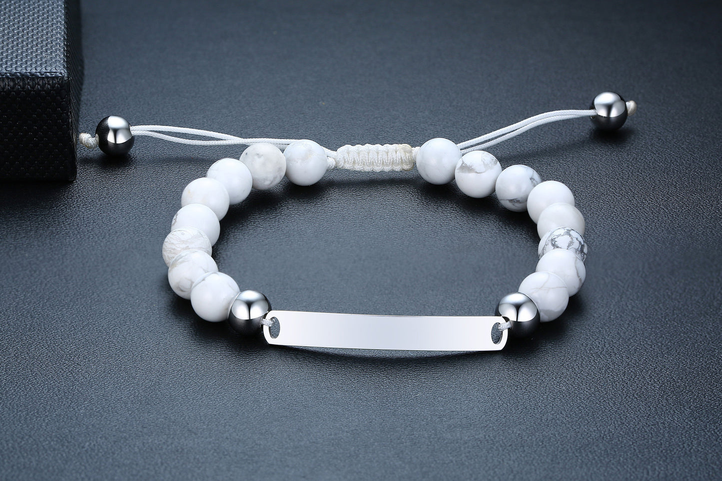 Stainless Steel Bent Matte Black Agate Beaded Hand Rope Men's Adjustable