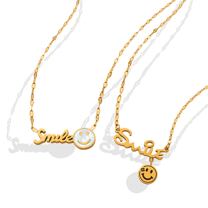 Golden Smiley Face Pendant Necklace with Korean Flair and Titanium Chain