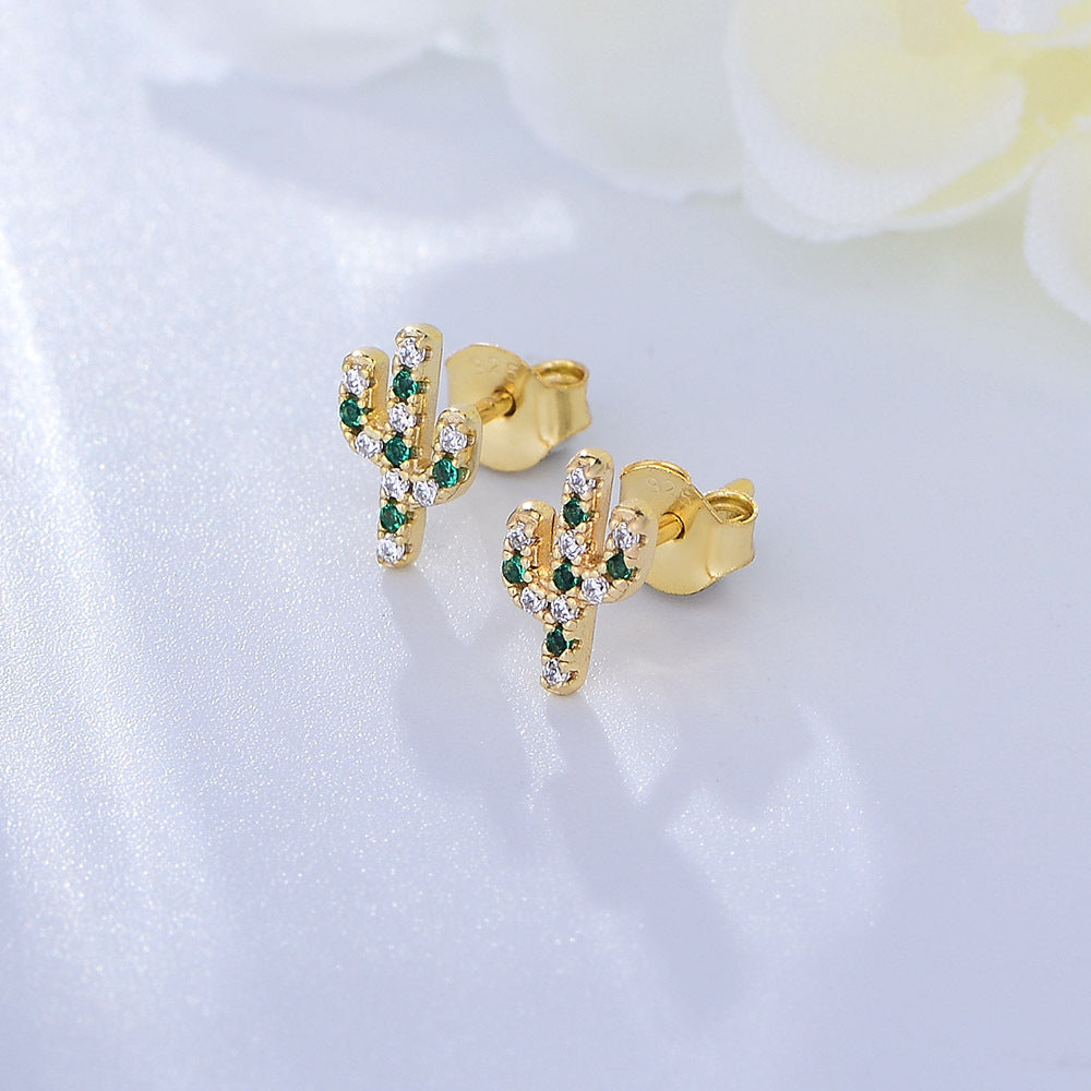 S925 Silver Plant Cactus Micro-Inlaid Zircon Small Stud Earrings Japan And Korea Sweet