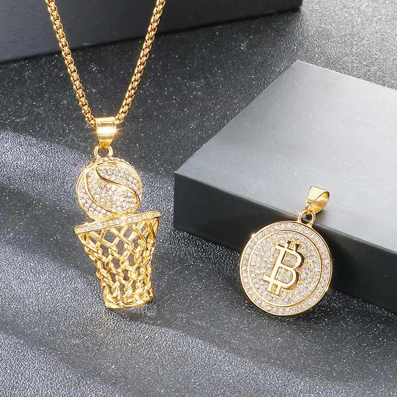 Full Of Zircon Ancient Roman Coins Round Pendant, Hip Hop Hiphop Sports Basketball Necklace