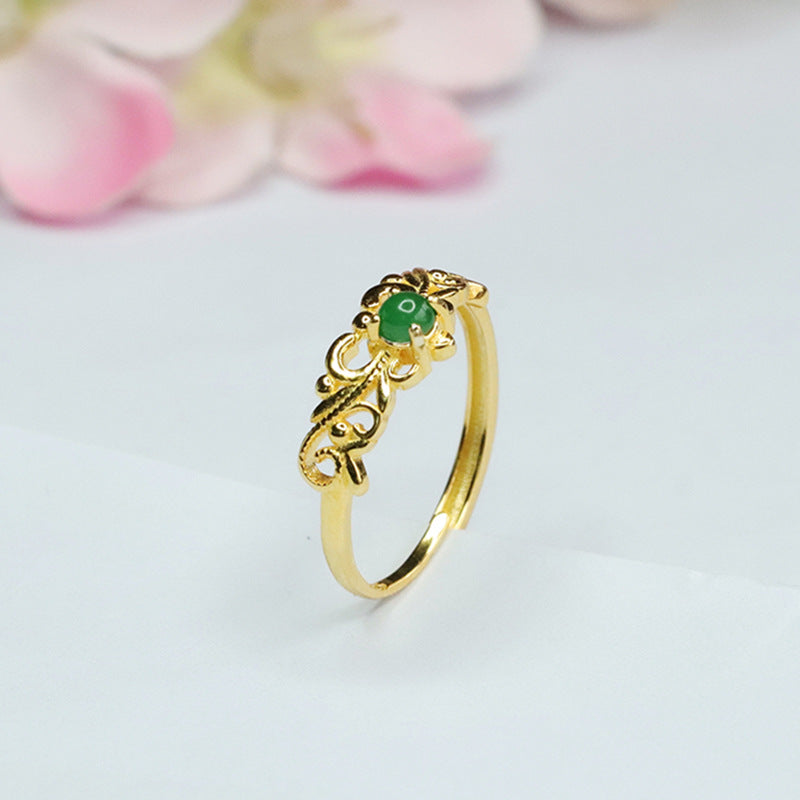 Icy Green Jadeite Vine Leaf 925 Silver Ring