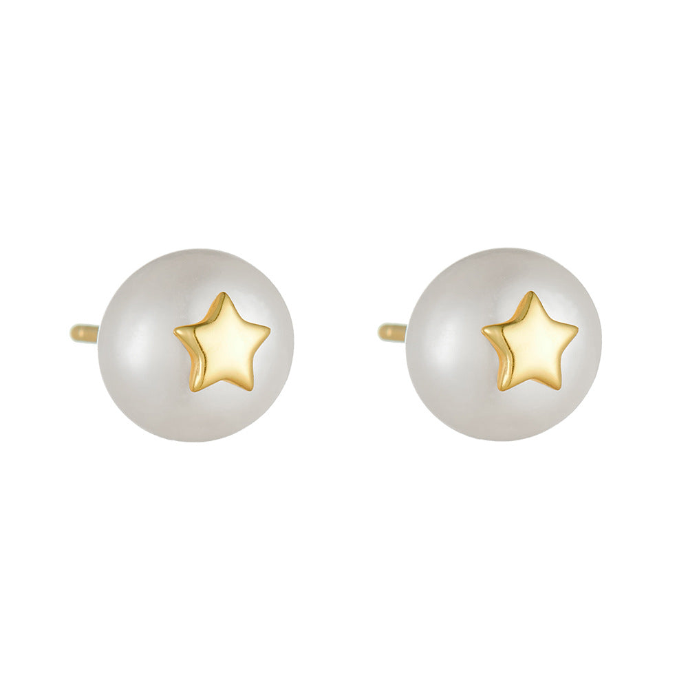 S925 Sterling Silver Pentagram Plug Flower Hat Natural Pearl Stud Earrings French Retro