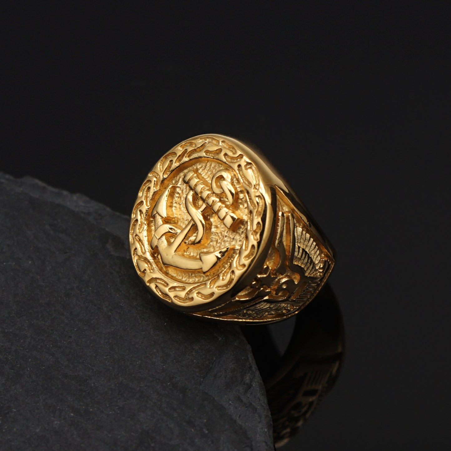 Planderful Hip Hop Ring Stainless Steel Gold Plated Eagle Anchor Durable For Men And Women