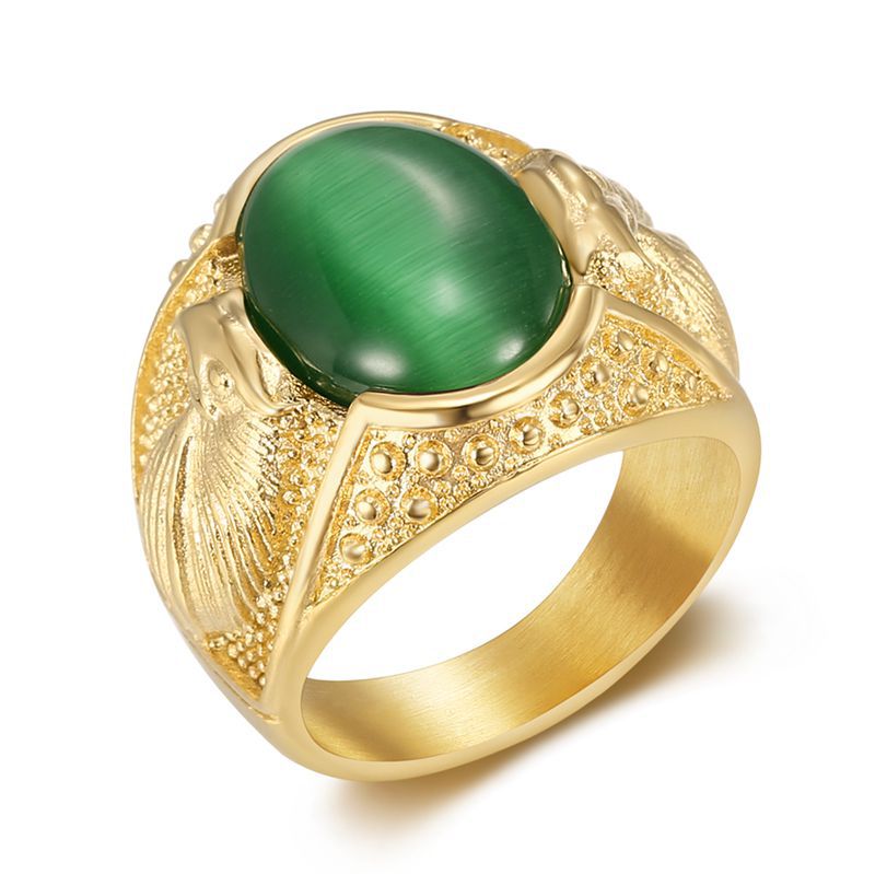 Planderful Collection Hip Hop Ring Gold Plated Rhinestone Opal Stainless Steel Eagle Mens