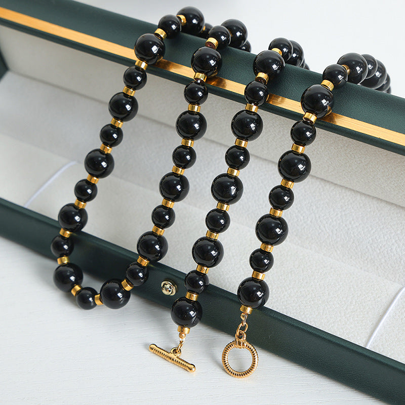 Black Agate Beaded Necklace with OT Buckle - Handcrafted Luxury Jewelry