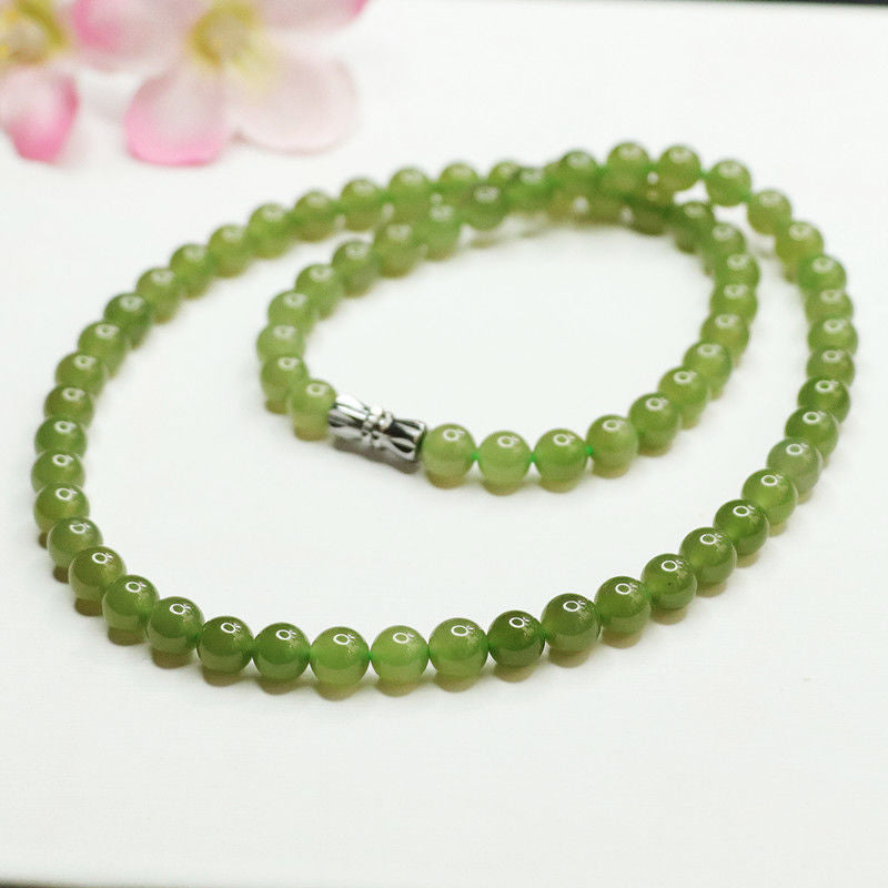 Natural Hotan Jade Light Green Jade Necklace Round Beads String Jade Jewelry
