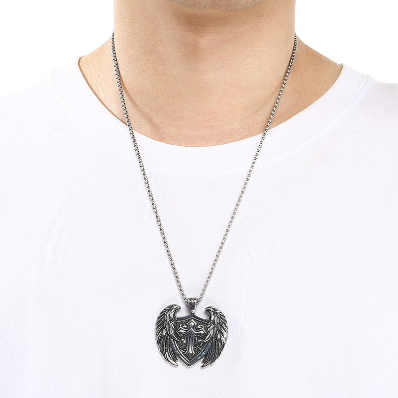 Viking Double Wolf Head Love Knot Pendant Punk Style Retro Cross Feathered Eagle Necklace