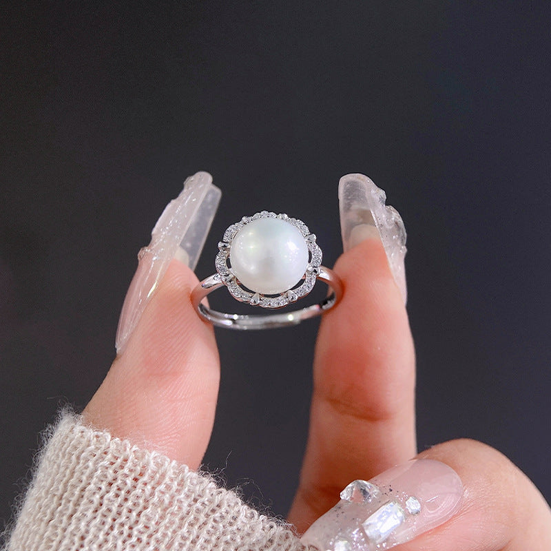 Freshwater Pearl Zircon Flower Halo Opening Sterling Silver Ring