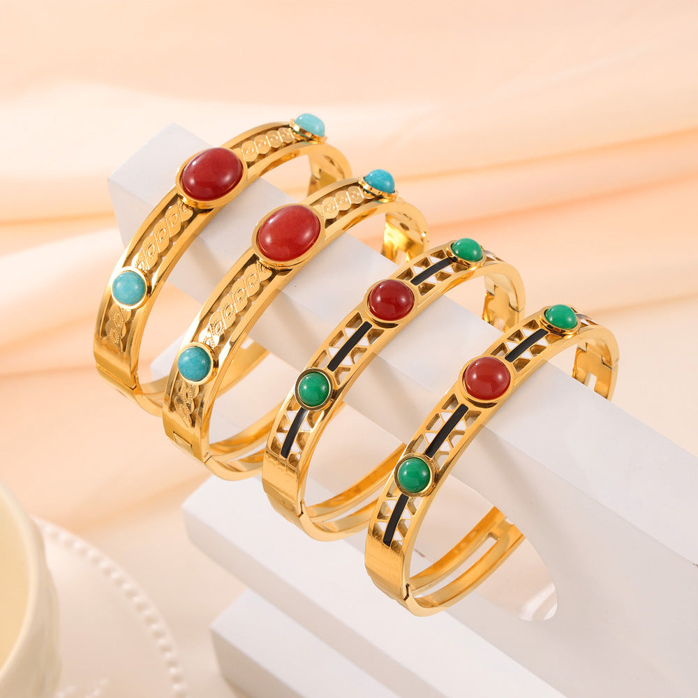 Golden Glaze Natural Stone Bracelet with Retro Design
