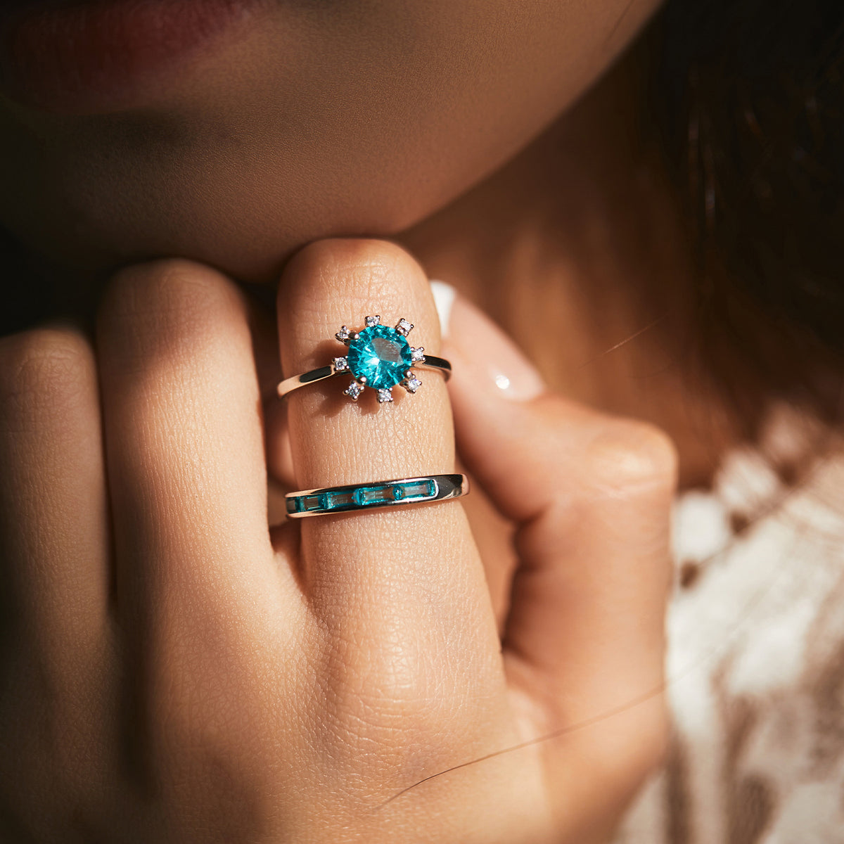 925 Sterling Silver Paraiba-Color Pavé Zircon Square Ring